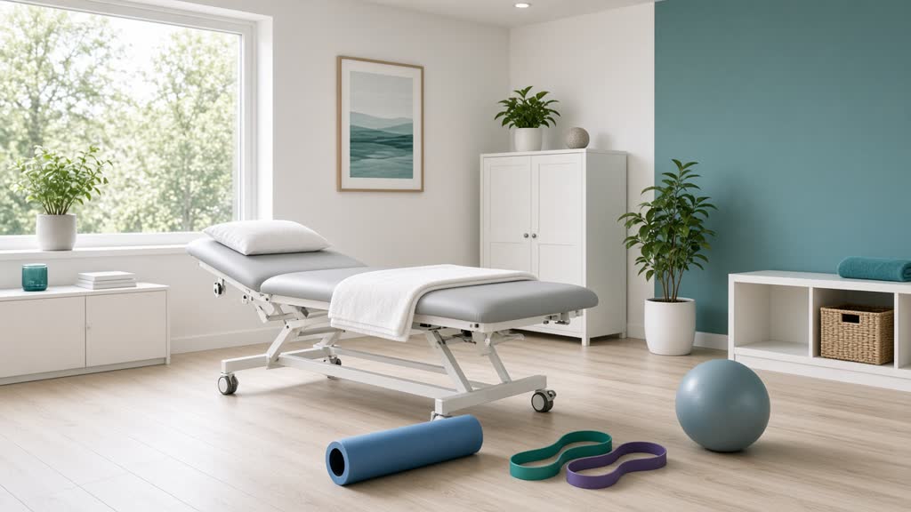 A bright treatment room with an empty padded couch and a folded towel, and a foam roller, resistance bands and an exercise ball on the floor.