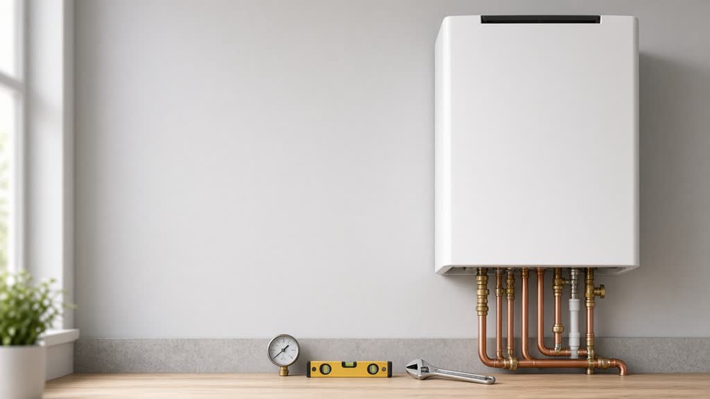 A white wall-mounted boiler with copper pipework below, and a pressure gauge, spirit level and adjustable spanner on a worktop.