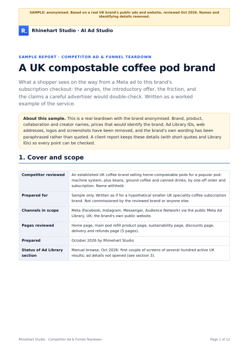 Cover page of the anonymised sample teardown of a UK compostable coffee pod brand