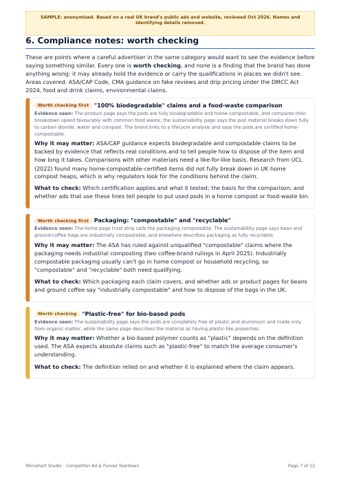 Compliance notes page of the anonymised coffee sample