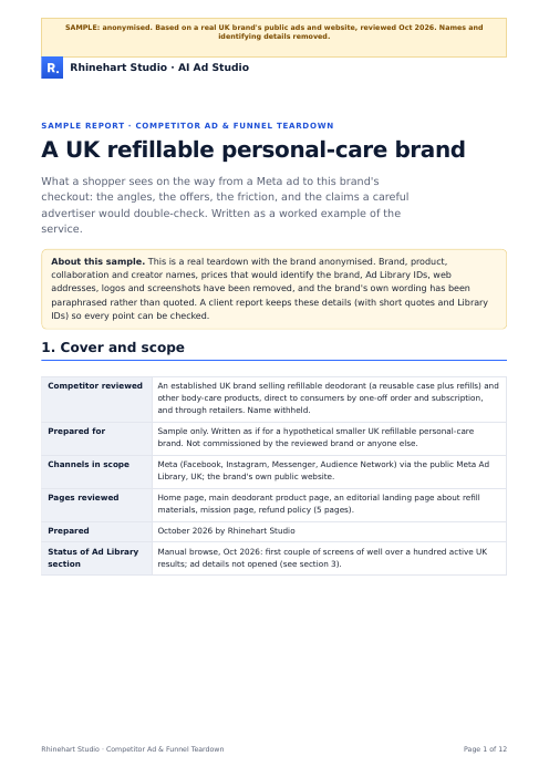 Cover page of the anonymised sample teardown of a UK refillable personal-care brand