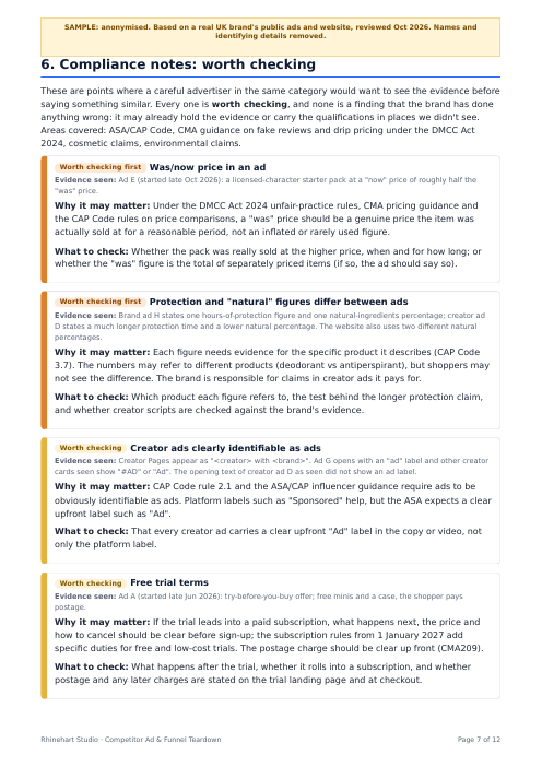 Compliance notes page of the anonymised personal-care sample